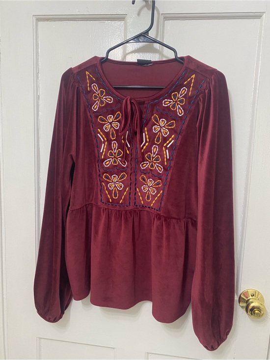 Tops - Embroidered Peasant Blouse - Burgundy